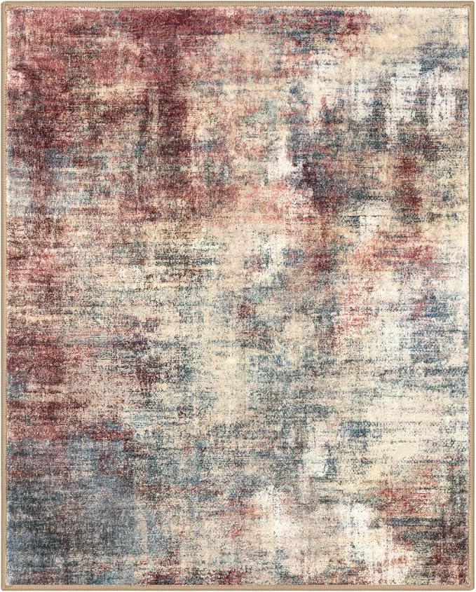 IOHOUZE Abstract Area Rug 4x5 Ft Washable Rugs for Entryway Indoor, Non Slip Small Living Room Rugs Printed Faux Wool Throw Rug, Floor Carpet for Kitchen Nursery Playroom, Red/Multi