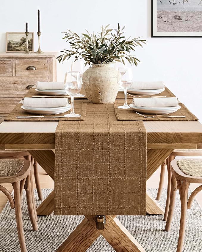 ZeeMart Linen Checked Farmhouse Table Runner, 13x108 Inches Roasted Brown | Raised Grid Design, Rich Woven Texture, Linen Blend Table Runners 108 Inches Long, Machine Washable, Boho Home Kitchen Decor
