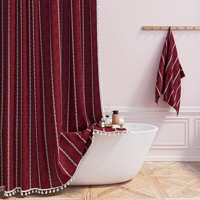 BTTN Extra Long Shower Curtain, 72x96 Long Striped Boho Linen Fabric Heavy Duty Shower Curtain Set with 12 Hooks, Tall Bohemian Farmhouse Luxury Tassel Cloth Shower Curtains for Bathroom, Burgundy