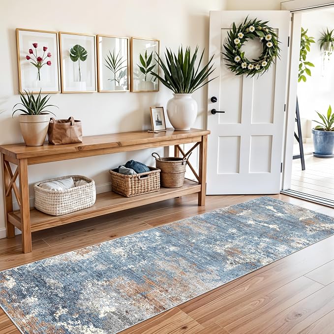 2x8 Washable Non-Slip Hallway Runner Rug – Modern Coastal Abstract Neutral Stain-Resistant Low-Pile Carpet Runner for Kitchen Entryway Bedroom Bathroom (Blue Rust,2x8)