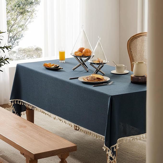Linen Tablecloth with Tassels, Farmhouse Style Navy Tablecloth, Water Resistant Burlap Tablecloths for Square Table, 60x60 Inch Navy