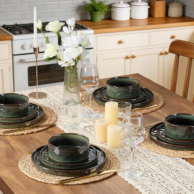 LIANYU Stoneware Dinnerware Set, 6 Piece Plates and Bowls Sets for 2, Ceramic Dish Set Includes Dinner Salad Plates, Cereal Bowls, Microwave & Dishwasher Safe, Moss Green