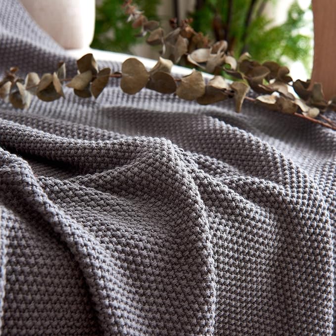 Longhui bedding Dark Grey 100% Cotton Lightweight Cable Knit Throw Blanket for Couch Sofa Bed Home Large Decorative, Bonus Laundering Bag, Dark Gray 60 x 80 Inch, Machine Washable