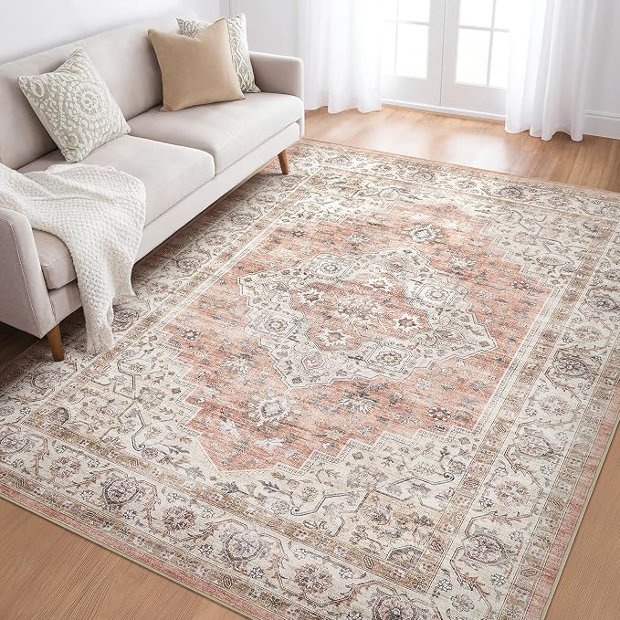 6x9 Area Rugs Living Room: Washable Boho Large Neutral Vintage Soft Rug Stain Resistant Farmhouse Non-Slip Indoor Floor Retro Carpet for Bedroom Nursery Kids Office Dining Room- Pink Brown