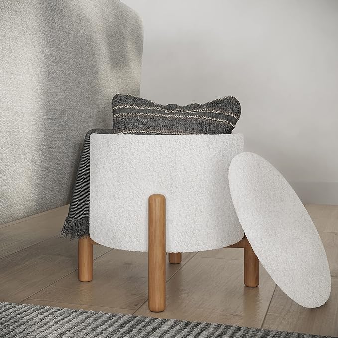 Round Sherpa Storage Ottoman Pouf with Removable Lid – Plush Couch Footrest & Hidden Organizer for Small Spaces, Dorm or Living Room by Lavish Home (White)