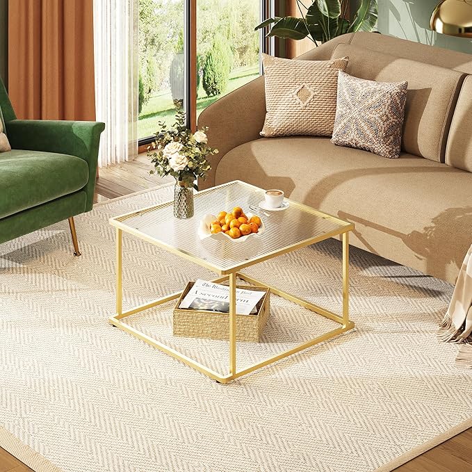 WLIVE Glass Coffee Table, Small Modern Coffee Table for Living Room with Wave Textured Glass & Metal Frame, Square Center Table for Small Spaces Apartment, Office, 26.4 x 26.4in, White