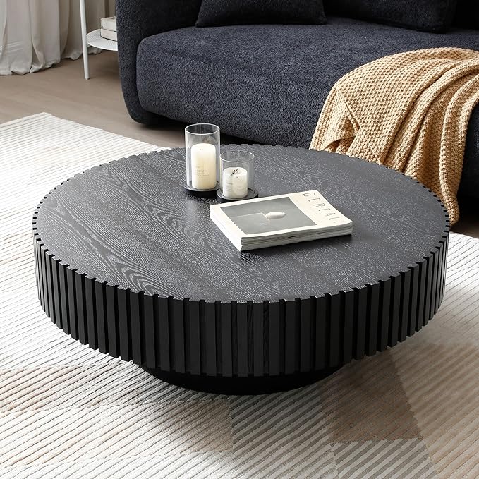 Round Coffee Table, 39.37" Coffee Table, Wood Coffee Table for Living Room, Handcrafted Relief Carving, Easy Assembly, Black