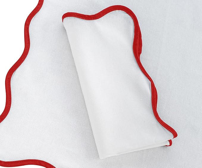 Red Scallop Cloth Napkins, 100% Cotton Elegant Dinner Napkins for Wedding & Home Décor, Reusable Washable Fabric Napkin Set of 4, Red Wavy Border Table Napkins for Parties, Holiday & Daily Use 18x18