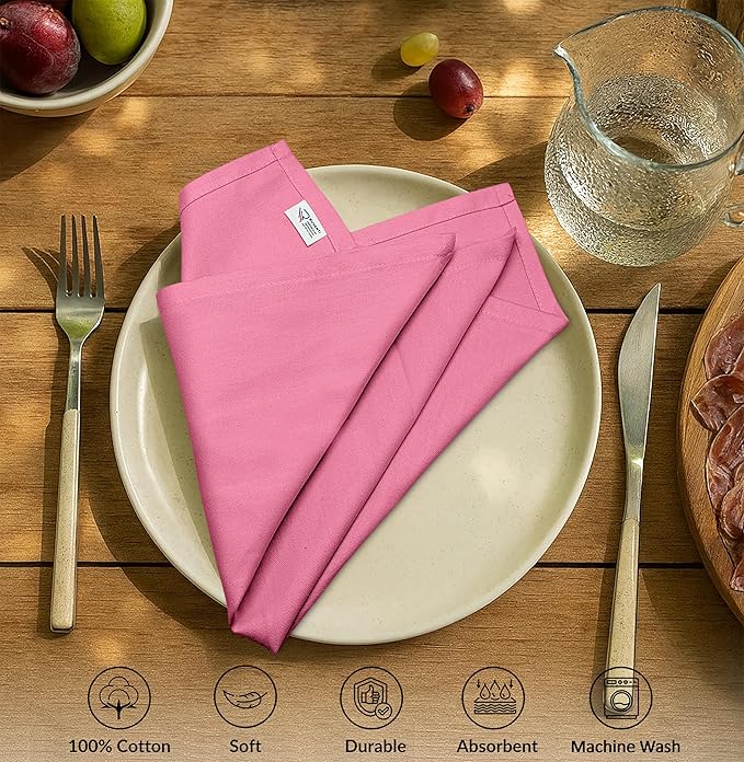 Ruvanti Cloth Napkins Set of 12, 100% Cotton High GSM 18x18 Inches Soft, Washable, Highly Durable & Absorbent, Perfect for Parties, Christmas, Thanksgiving Dinners – Pink Bubblegum