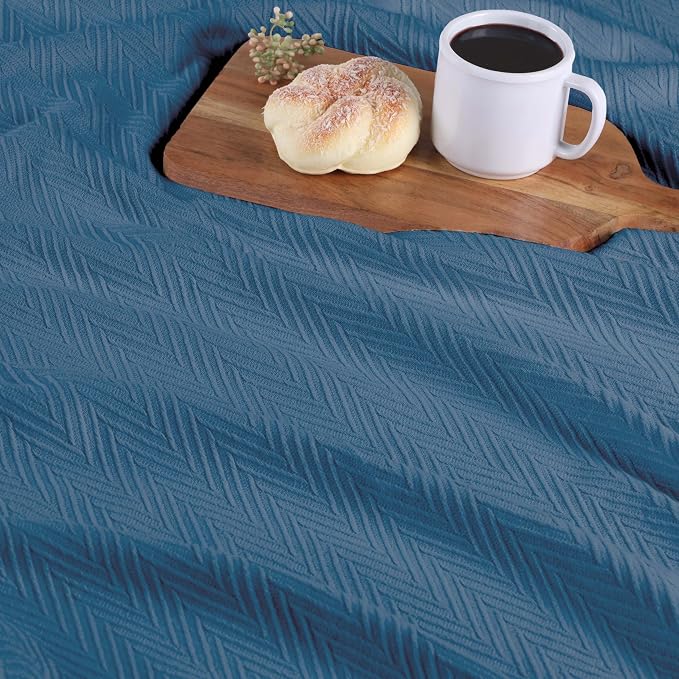 Superior Metro All-Season Cotton Blanket, Woven Blanket for Couch, Bed, Bedding, Farmhouse, Home Essentials, Cute and Cozy Bohemian Blankets, Herringbone Weave, Throw Size, Denim Blue