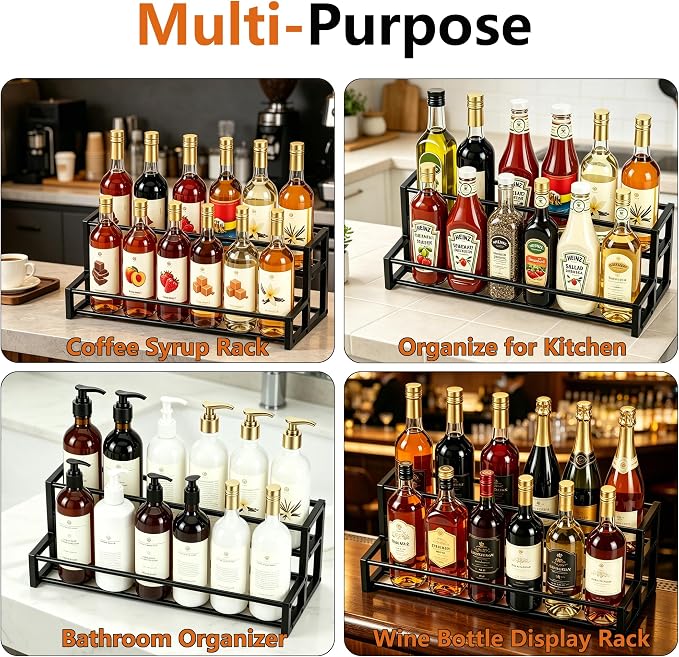 Expandable Coffee Syrup Organizer, Heavy Duty Syrup Rack Enlarged 6-12 Bottles Syrup Stand for Coffee Bar Accessories, Width Adjustable Space-Saving Storage Coffee Rack