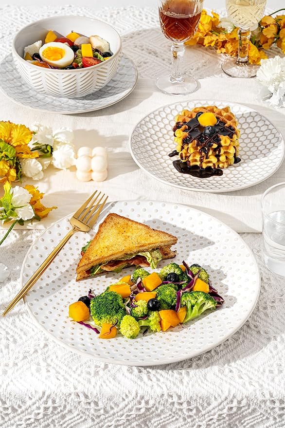 FOBENTA 18-Piece Embossed Ceramic Dinnerware Set–6 Dinner Plates,6 Salad Plates,6 Pasta Bowls,Elegant & Durable Tableware,Dishwasher & Microwave Safe,Perfect for Family & Entertaining