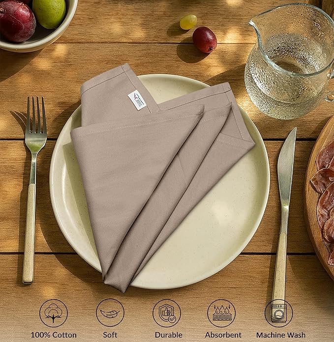 Ruvanti Cloth Napkins Set of 12, 100% Cotton High GSM 18x18 Inches Soft, Washable, Highly Durable & Absorbent, Perfect for Parties, Christmas, Thanksgiving Dinners – Light Taupe