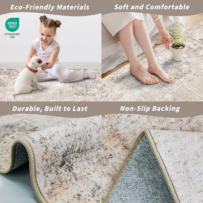 3x10 ft Washable Hallway Runner Rug – Non-Slip Long Carpet Runner for Kitchen, Indoor Entryway & Bathroom, Modern Neutral Low Pile Wide Floor Mat (Beige Grey,3x10)