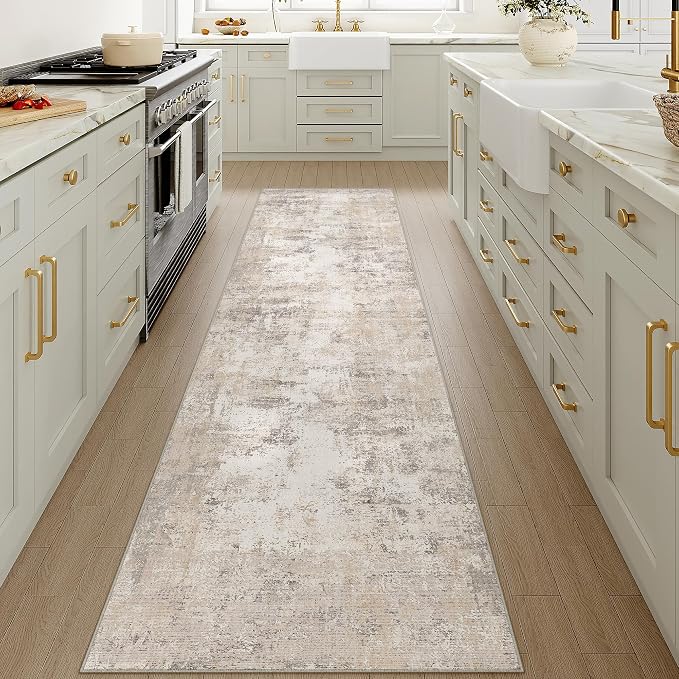 2x14 Washable Runner Rug Beige Grey Abstract Non Slip Soft Low Pile Hallway Kitchen Rug Neutral Modern Carpet for Laundry Bathroom Bedroom Living Room Home Decor