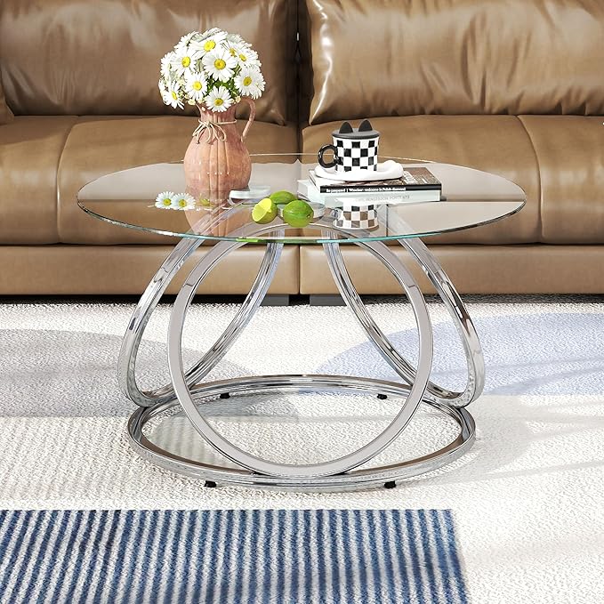 O&K FURNITURE Silver Coffee Table, Modern Glass Coffee Table Living Room Table with Ring-Shaped Frames, Glass Coffee Table for Home&Office, Chrome Finish, 1 PC | Modern, Living Room Table, Glass Coffee Table, Home&Office, 1 PC