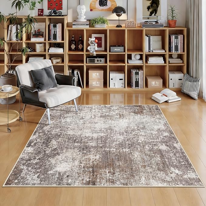 Washable 5x5 Area Rug Square – Non-Slip Soft Indoor Rug for Kitchen Living Room Entryway Bathroom – Modern Abstract Neutral 5ft Rug (Brown Beige, 5x5)