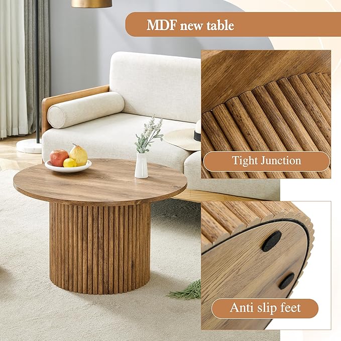 JUFU Round Coffee Table with Storage, 27.5IN Minimalist Fluted Coffee Table Circle Wood Center Table for Living Room (Wooden Coffe Table)