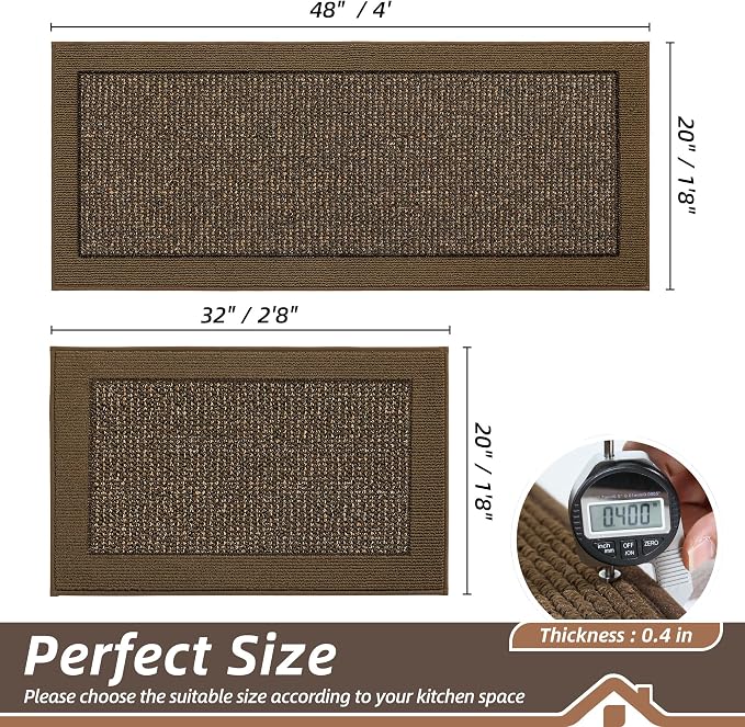 BEQHAUSE Kitchen Rugs and Mats Set of 2 Non-Slip Kitchen Mats for Floor, Absorbent and Stain Resistant Kitchen Runner, Machine Washable Rugs for Kitchen, Laundry & Sink, 20"x32"+20"x48", Brown
