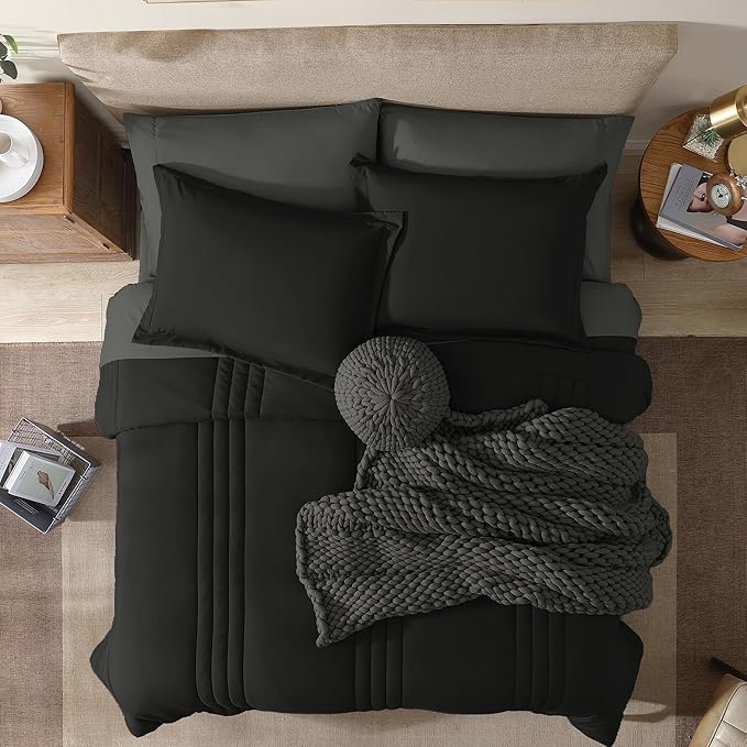 Monbix Queen Comforter Set - 7 Pieces Black Bed in a Bag Queen Bedding Sets with Comforters, All Seasons Comforter Bed Set with Sheets,Pillowcases & Shams