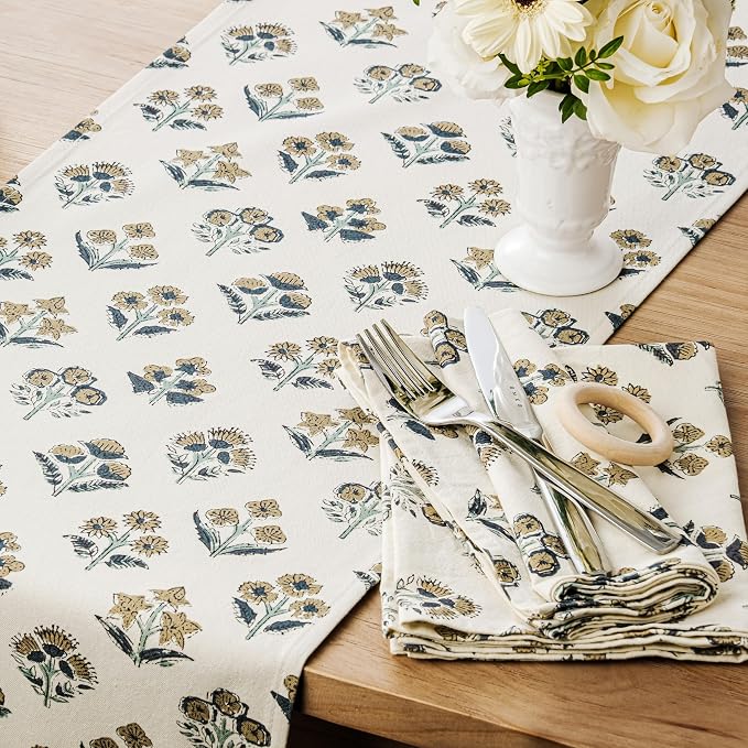 100% Cotton Block Print Floral Table Runners, 13x72 Inch Latte Farmhouse Table Runners 72 Inches Long Boho Flowers Home Decors