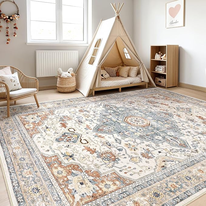 8x12 Area Rugs Living Room: Washable Boho Large Neutral Vintage Soft Rug Stain Resistant Distressed Farmhouse Non-Slip Indoor Floor Carpet for Bedroom Nursery Kids Office Dining Room- Beige Blue