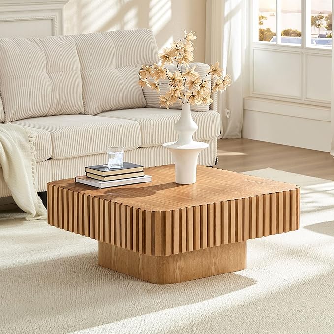 31.5" Square Coffee Table 2 Piece, Wooden Center Tea Table Accent End Table Set of 2 for Living Room Apartment, with Sturdy Curved Base & Solid Wood Fluted Side, Oak