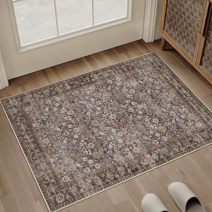 HUGEAR 2x3 Small Rug Machine Washable Area Rug Tradition Brown Entryway Rugs Entrance Door Mat Indoor Accent Rugs Floral Low Pile Carpet Distressed Throw Rug Kitchen Bedroom Office Non Slip