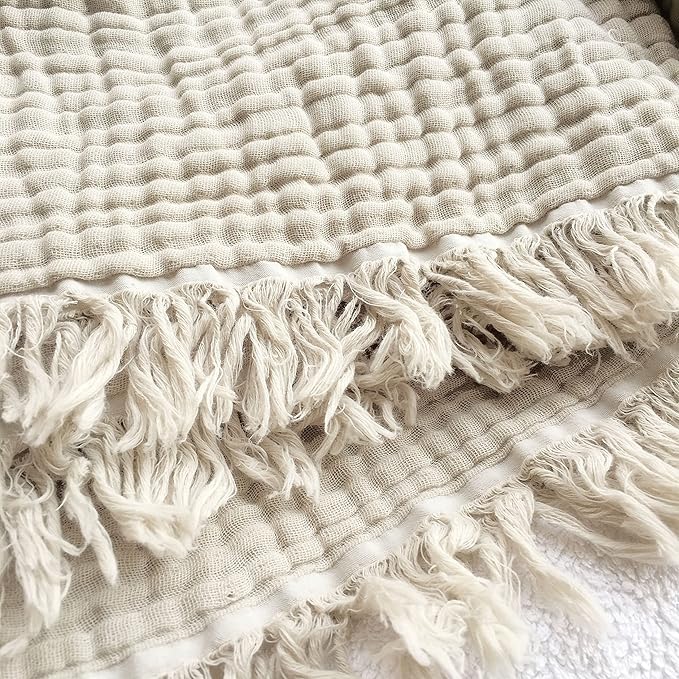 KyraHome 100% Organic Cotton Muslin Blankets for Adults, 60“x80 Pre-Washed Plant Dyed Breathable Gauze Lightweight Summer Throw Blanket for Couch, All Season, Oatmeal Khaki