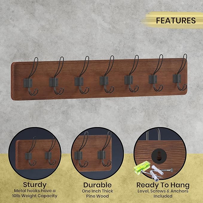 HBCY Creations Rustic Brown Solid Wood Wall Mounted Coat Rack with Shelf, 7 Hooks, 34" Long - Kitchen, Mudroom, Entryway, Bathroom - Includes Mounting Hardware, Coat Hanger, Dog Leash Hooks