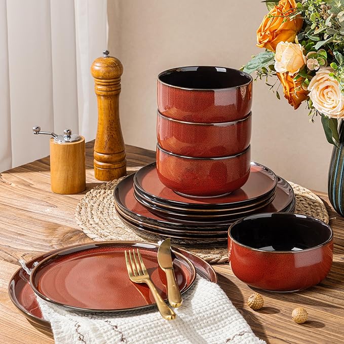 ERATIO Ceramic Dinnerware Sets for 4,12 Pieces Poreclain Plates and Bowls Sets,Scratch Resistant Dishes,Dishwasher & Microwave Safe Dishes Set,Service for 4-Red