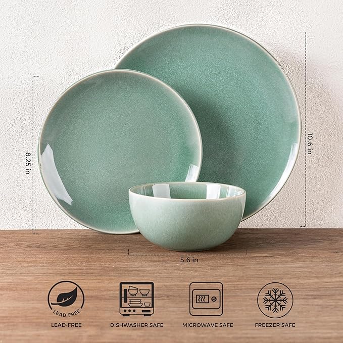 GBHOME Ceramic Dinnerware Sets for 8, 24 Pieces Stoneware Plates and Bowls Sets, Reactive Glaze Dish set -Scratch Resistant, Dishwasher&Microwave Safe-Malachite Green