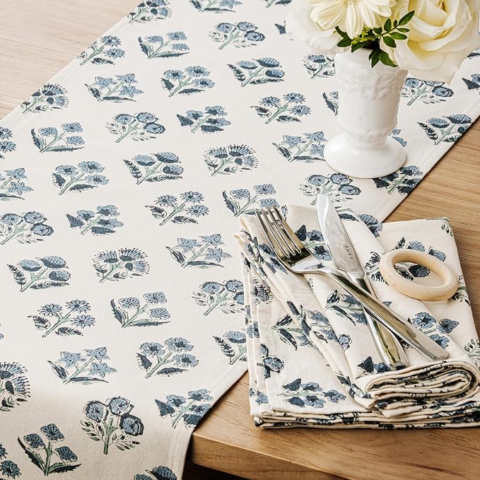 100% Cotton Block Print Floral Table Runners, 13x90 Inch Dusty Blue Farmhouse Table Runners 90 Inches Long Boho Flowers Home Decors