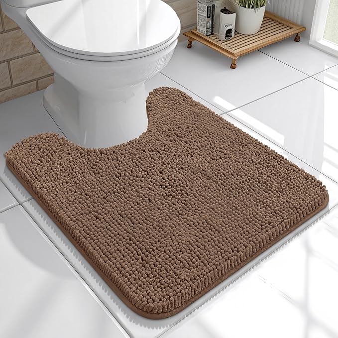 OLANLY Toilet Rugs U-Shaped 20x20, Extra Soft Absorbent Chenille Contour Bathroom Rugs for Toilet, Dry Quickly, Machine Washable, Non-Slip Bath Mat, Mocha