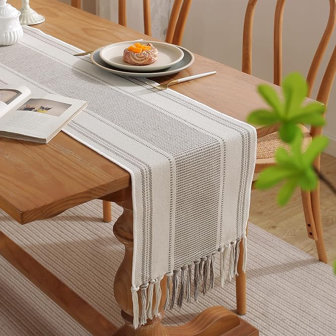 Caflife Boho Table Runner Natural Stripe for Modern Farmhouse Coffee Table Decor, Rustic Woven Runner with Handcrafted Tassels for Home Dining Table décor 13 x 108 Inch Long