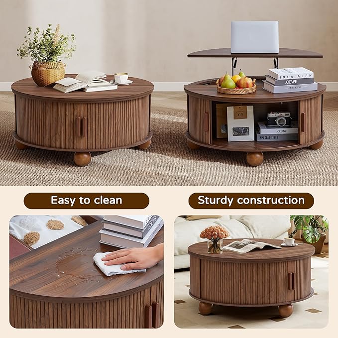 Round Lift Top Coffee Table with Hidden Storage, 33.5'' Mid-Century Modern Fluted Coffee Table with Sliding Tambour Door & Solid Wood Legs, Circle Center Table for Living Room, Small Space (Walnut)
