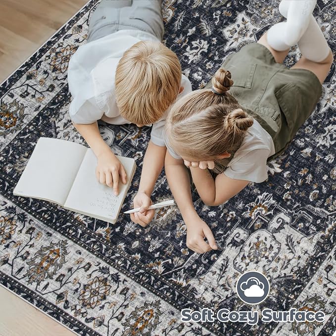 Area Rug 6x9 Washable Rug, Vintage Boho Medallion Rugs Non-Slip Soft Low Pile Large Distressed Rug Indoor Retro Carpet for Living Room Bedroom Dining Room Home Office (Vintage Black, 6'x9')