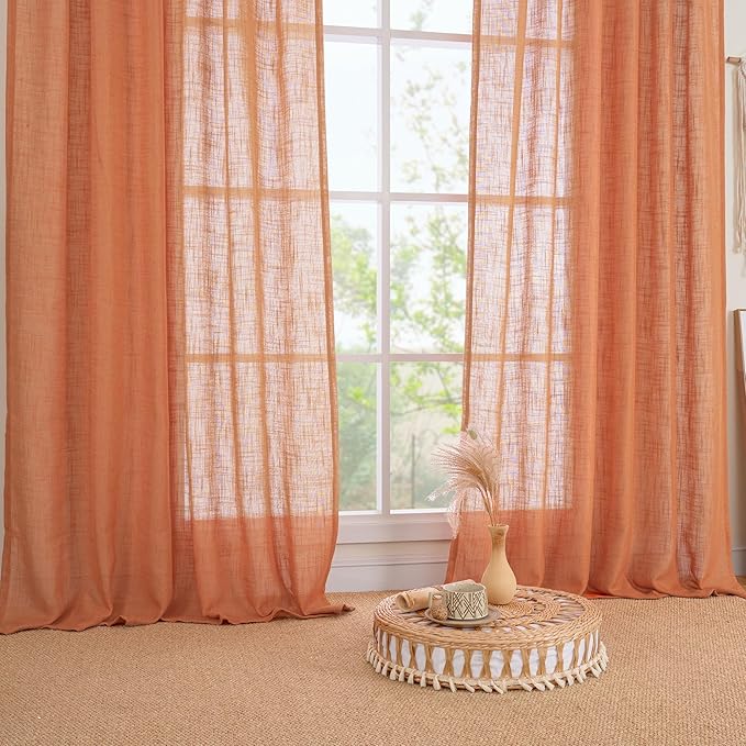 LAMIT Burnt Orange Linen Curtains 45 Inch Length 2 Panels, Light Filtering Panels Back Tab and Rod Pocket Country Decor Drapes for Kitchen/Window/Loft Room/Bedroom, 34 x 45 Inch