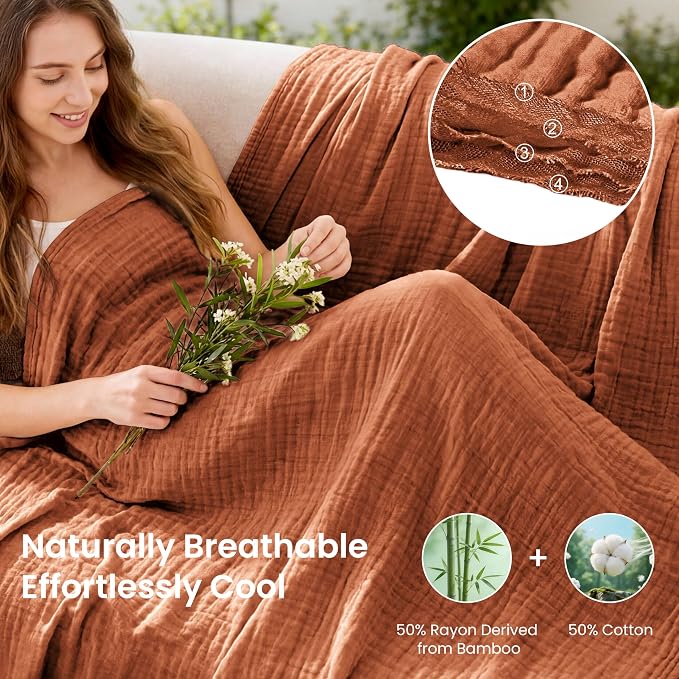 Love's cabin Cooling Muslin Blanket Queen Size, 50% Rayon Derived from Bamboo, 50% Cotton, 4-Layer Lightweight Breathable Summer Gauze Blanket for Bed, Hot Sleepers and Kids, 90"x90", Terracotta