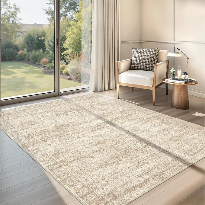 3x5 Washable Area Rug for Entryway, Soft Kitchen Rugs Non Slip for Dining Room, Vintage Abstract Living Room Rug, Thin Area Rugs Indoor for Bedroom, Kids Room Decor(3'x5', Beige/Ivory)