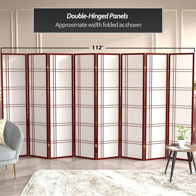 Red Lantern 6 ft. Tall Double Cross Shoji Screen - Rosewood - 8 Panels
