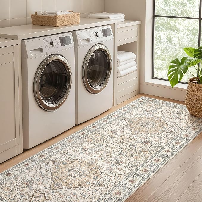 Runner Rug Kitchen Washable Rugs: 3x10 Non-Slip Boho Soft Vintage Stain Resistant Indoor Floor Neutral Farmhouse Throw Carpet for Hallway Bathroom Laundry Room Entryway Bedroom- Cream