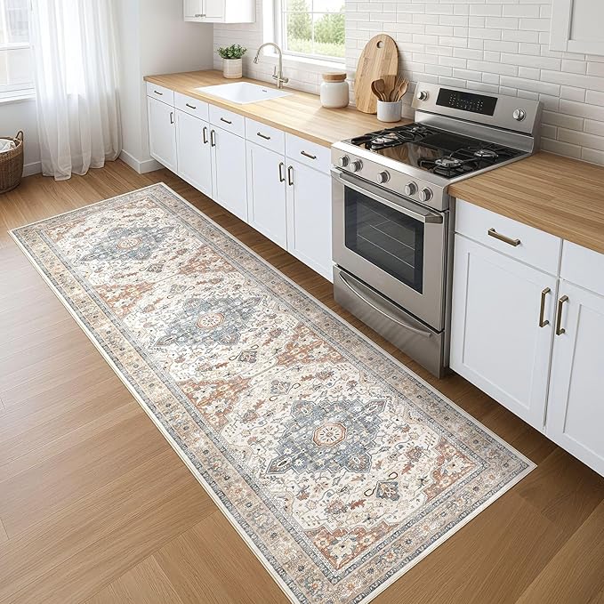 Runner Rug Kitchen Washable Rugs: 2x6 Non-Slip Boho Vintage Distressed Stain Resistant Indoor Neutral Farmhouse Throw Carpet for Hallway Bathroom Laundry Room Entryway Bedroom- Beige Blue