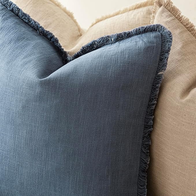 Foindtower Set of 2 Decorative Linen Fringe Throw Pillow Covers Cozy Boho Farmhouse Cushion Cover with Tassels Accent Pillowcase for Couch Sofa Bed Living Room Home Decor,26×26 Inch,Dark Blue