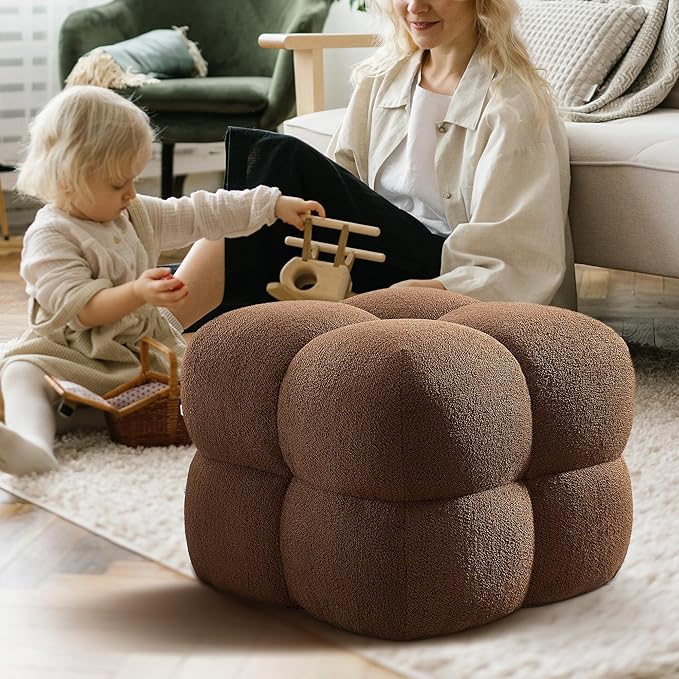 Zesthouse Square Pouf Ottoman Foot Rest, Modern Ottoman Coffee Table for Living Room, Boucle Fabric Stool Seat, Upholstered Tufted Footstool for Couch, Cube Makeup Vanity Chair Backless, Rust Brown