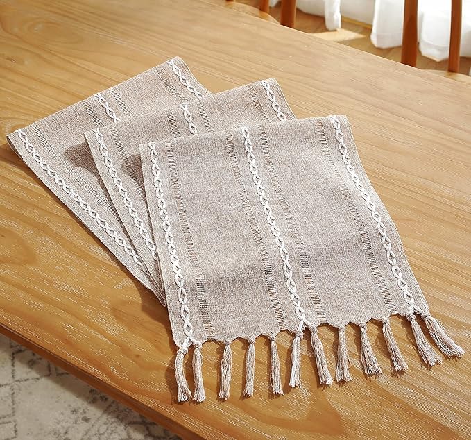 Chassic Fall Rustic Farmhouse Style Linen Table Runner, Boho Handmade Tassel Table Runners 90 Inches Long for Holiday Party, Thanksgiving and Dining Decorations, 13 x 90 inch - Light Coffee
