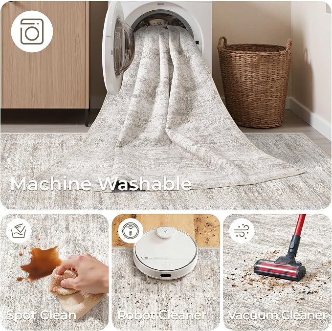 Kitchen Runner Rug Non Slip - 2.5 x 8 Runners for Hallways, Entryway, Bedroom, Washable Runner Rugs for Bathroom, Laundry Room, Low Pile Soft Vintage Area Rug(2.5'x8', Brown/Grey/Ivory)