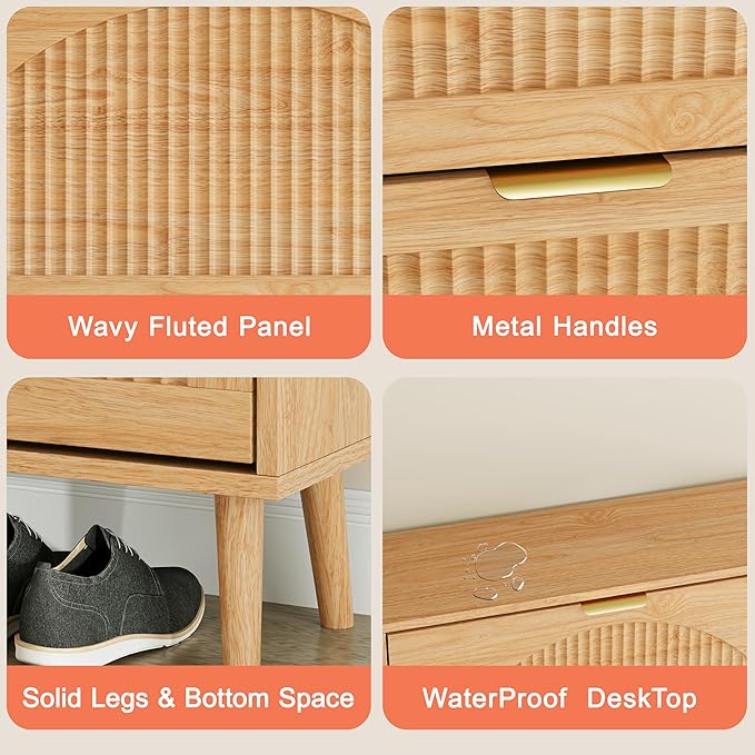 Shoe Storage Cabinet with 6 Flip Drawers, Narrow Wood Shoe Organizer Cabinet with Fluted Panel, Slim Shoe Rack for Entryway, Freestanding Shoe Cabinet for Living Room, Hallway, Wood Color