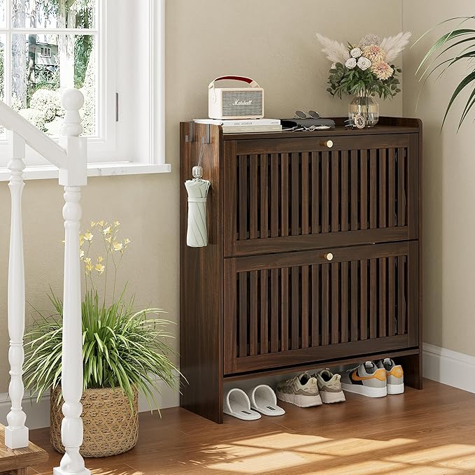 wanan 31.5" Shoe Cabinet with 2 Flip Slatted Drawers, Adjustable & Removable Panels, Narrow Shoe Cabinet Storage for Entryway, Hallway, Shoe Rack Organizer Cabinet, Light Oak