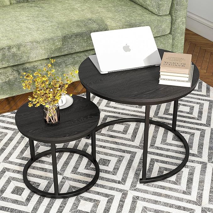 HOJINLINERO Round Coffee Table,Nesting Coffee Table Set of 2,Center Tables for Living Room,Office, Home Small Space,Stacking Side Tables,Sturdy and Easy Assembly,Wood Desktop,Black,Small